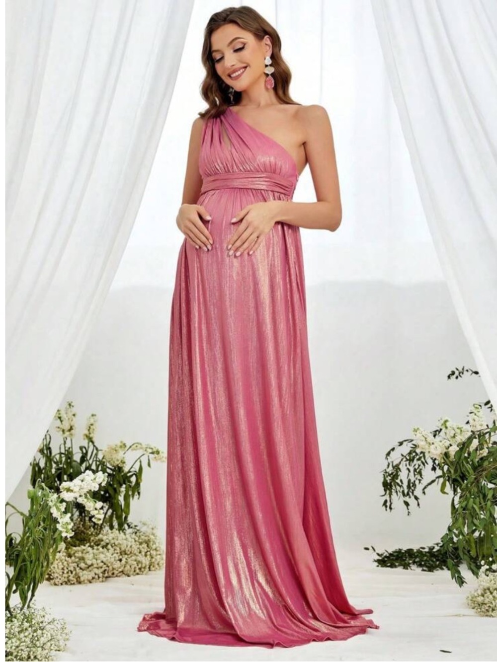 Faeriesty Dressalisa Maternity One Shoulder Floor Length Pink Metallic Gown - Picture 2 of 11